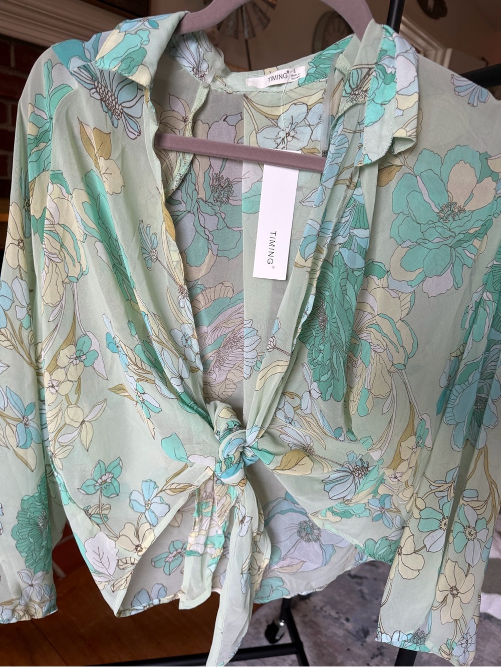 TIMING - Pastel Floral Tie-Front Blouse in Mint and Pale Yellow